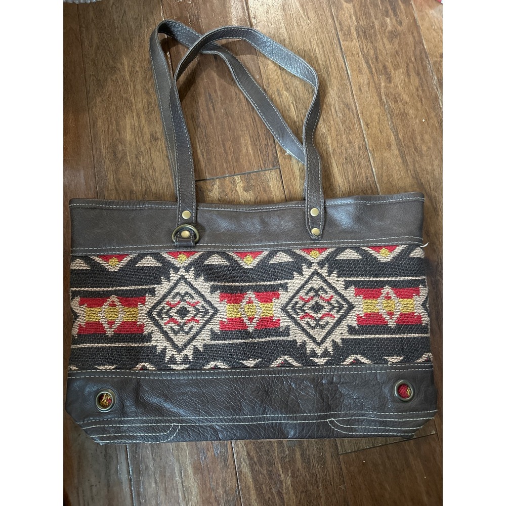 MYRA Southwestern Aztec Print Tote Bag Leather Brown Tan Tribal Shoulder Bag